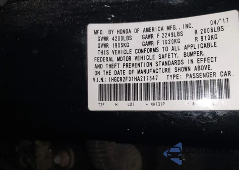 2017 Honda Accord Lx z USA, uszkodzony, nr VIN 1HGCR2F31HA217547